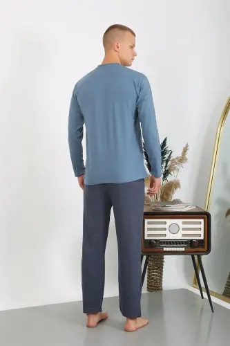 Akbeniz Men's Knitted Long Sleeve Pajama Set 6860 Indigo - 5