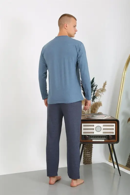 Akbeniz Men's Knitted Long Sleeve Pajama Set 6860 Indigo - 5