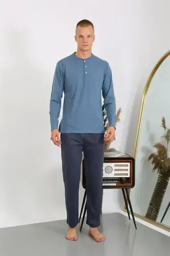 Akbeniz Men's Knitted Long Sleeve Pajama Set 6860 Indigo - AKBENIZ (1)