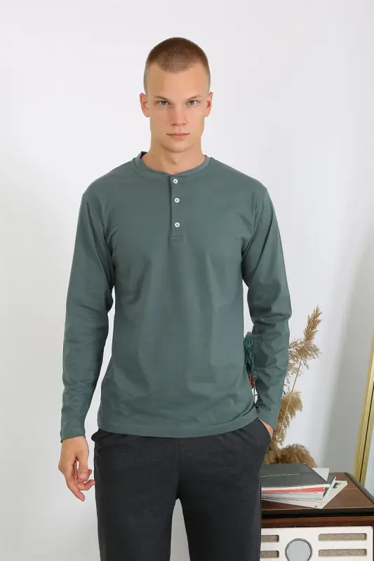 Akbeniz Men's Knitted Long Sleeve Pajama Set 6860 Khaki - 2