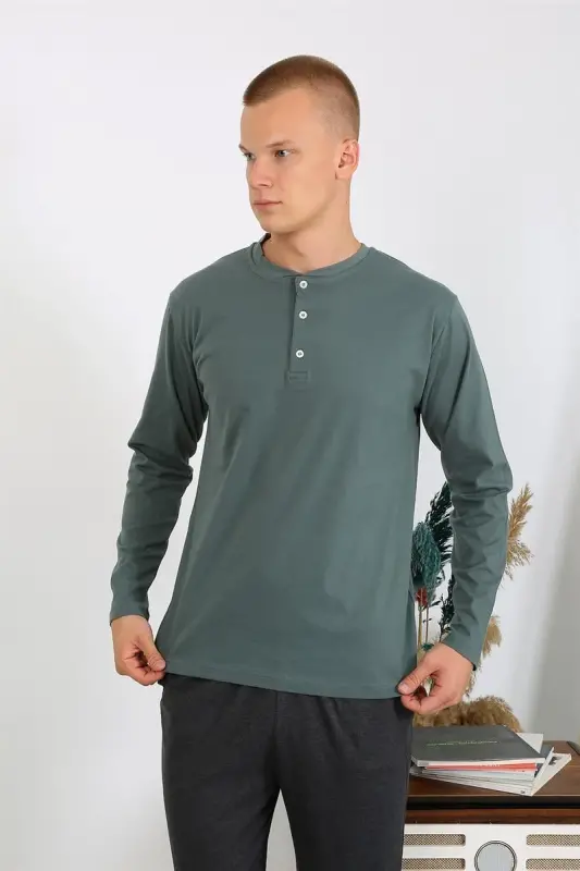 Akbeniz Men's Knitted Long Sleeve Pajama Set 6860 Khaki - 3