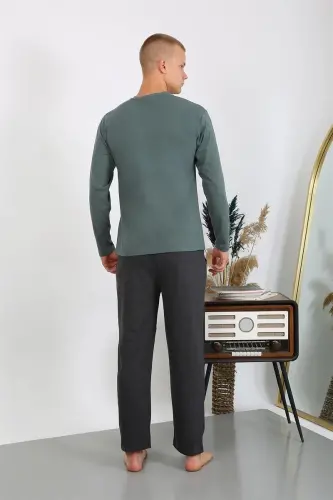 Akbeniz Men's Knitted Long Sleeve Pajama Set 6860 Khaki - 4