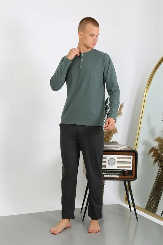Akbeniz Men's Knitted Long Sleeve Pajama Set 6860 Khaki - 5