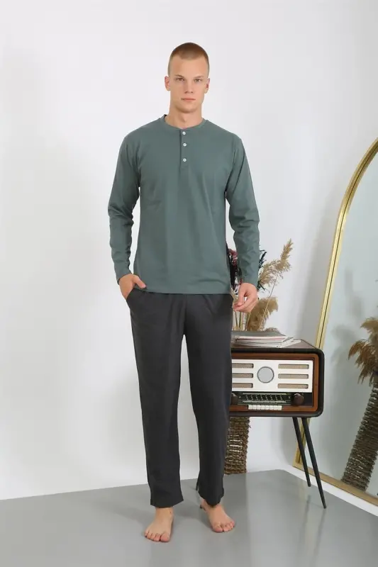 Akbeniz Men's Knitted Long Sleeve Pajama Set 6860 Khaki - 6