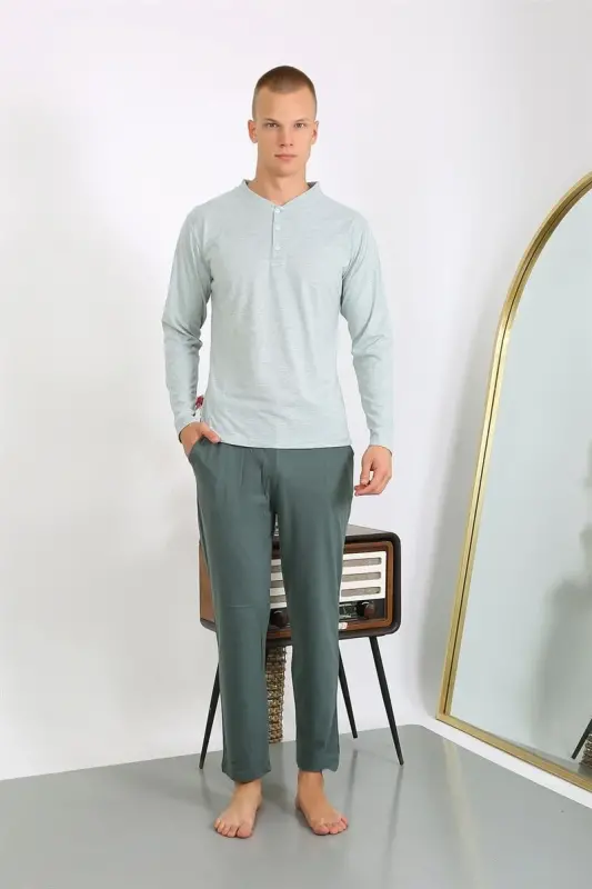 Akbeniz Men's Knitted Long Sleeve Pajama Set 6860 Sea Green - 2
