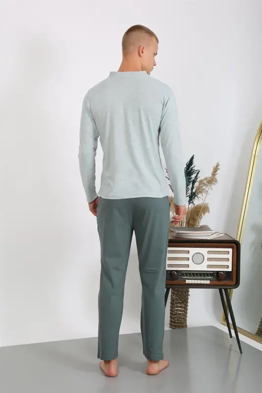 Akbeniz Men's Knitted Long Sleeve Pajama Set 6860 Sea Green - 3