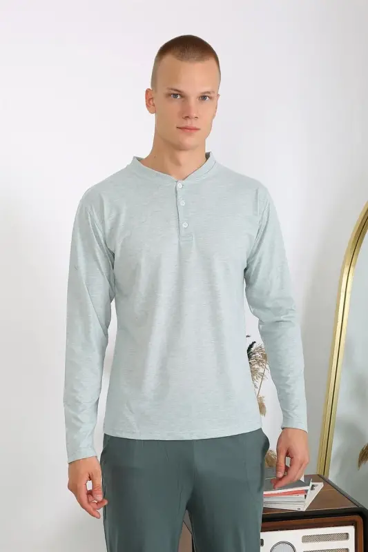 Akbeniz Men's Knitted Long Sleeve Pajama Set 6860 Sea Green - 4