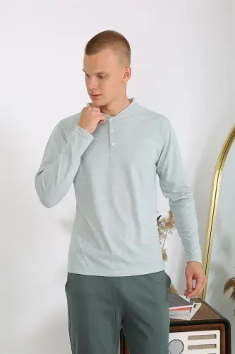 Akbeniz Men's Knitted Long Sleeve Pajama Set 6860 Sea Green - 5