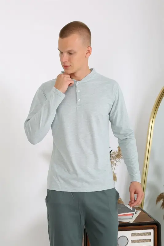 Akbeniz Men's Knitted Long Sleeve Pajama Set 6860 Sea Green - 5