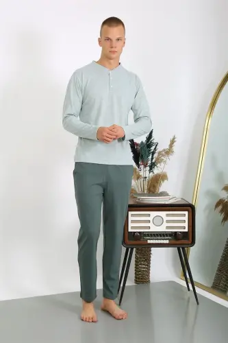Akbeniz Men's Knitted Long Sleeve Pajama Set 6860 Sea Green - 6