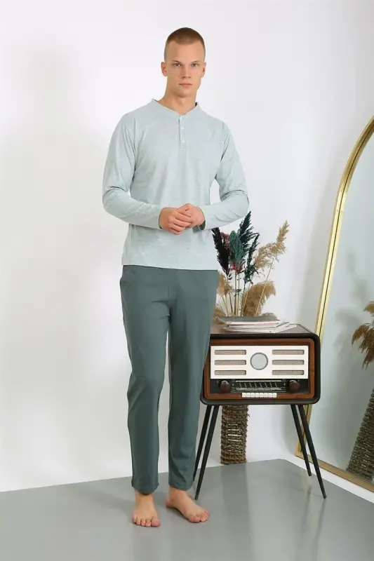 Akbeniz Men's Knitted Long Sleeve Pajama Set 6860 Sea Green - 6