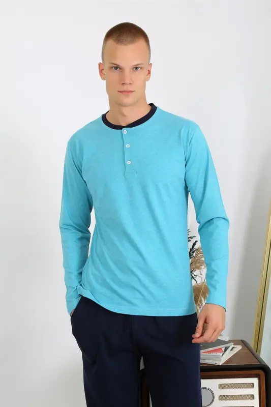 Akbeniz Men's Knitted Long Sleeve Pajamas Set 6860 Turquoise - 2
