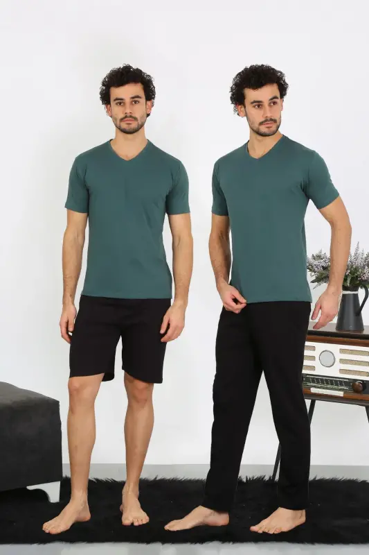 Akbeniz Men's Knitted Petrol Blue 3-Piece Pajama Set 6848 - 1