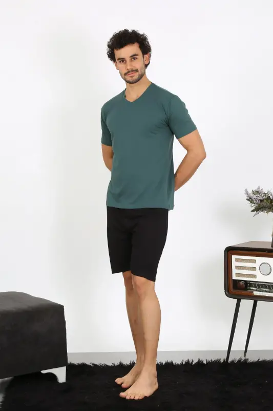 Akbeniz Men's Knitted Petrol Blue 3-Piece Pajama Set 6848 - 2