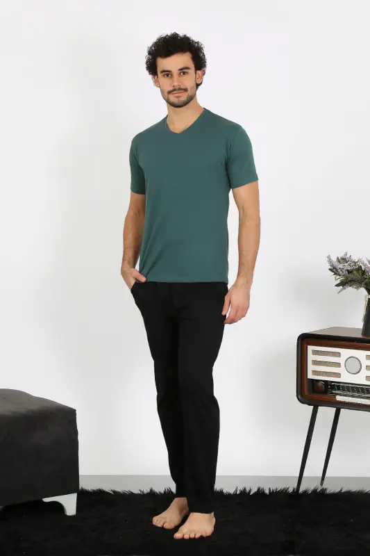 Akbeniz Men's Knitted Petrol Blue 3-Piece Pajama Set 6848 - 3