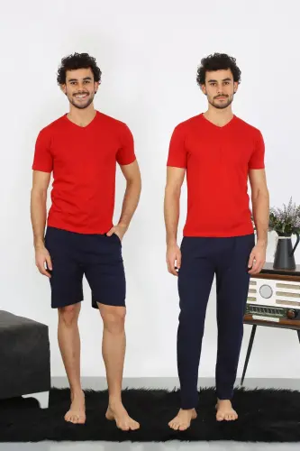 Akbeniz Men's Knitted Red 3-Piece Pajama Set 6848 