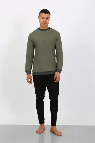 Akbeniz Men's Long Sleeve Cuffed Hem Jersey Pajama Set 6870 Khaki - 1