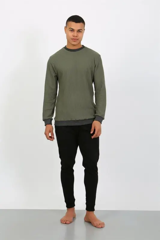 Akbeniz Men's Long Sleeve Cuffed Hem Jersey Pajama Set 6870 Khaki - 1