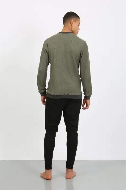 Akbeniz Men's Long Sleeve Cuffed Hem Jersey Pajama Set 6870 Khaki - 2