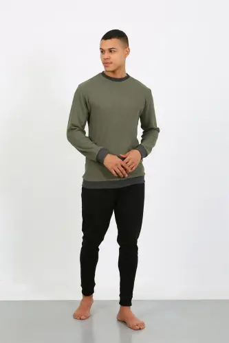 Akbeniz Men's Long Sleeve Cuffed Hem Jersey Pajama Set 6870 Khaki - 5