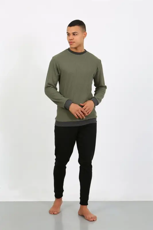 Akbeniz Men's Long Sleeve Cuffed Hem Jersey Pajama Set 6870 Khaki - 5