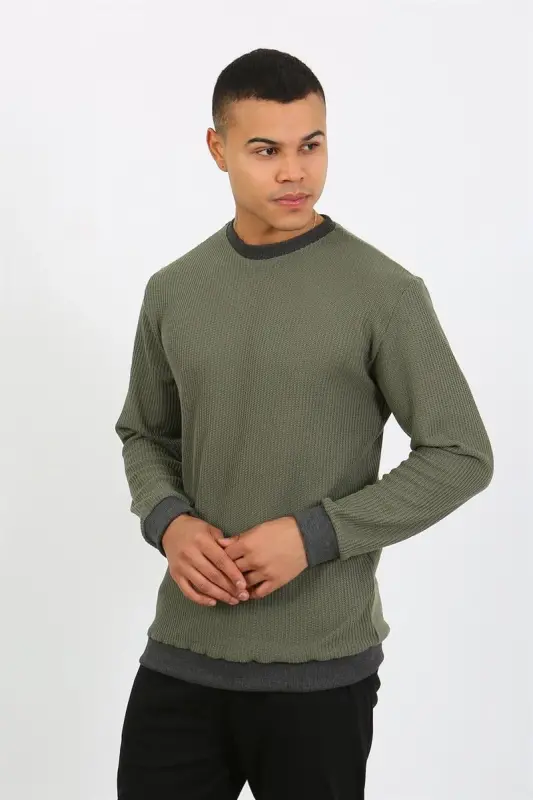 Akbeniz Men's Long Sleeve Cuffed Hem Jersey Pajama Set 6870 Khaki - 8