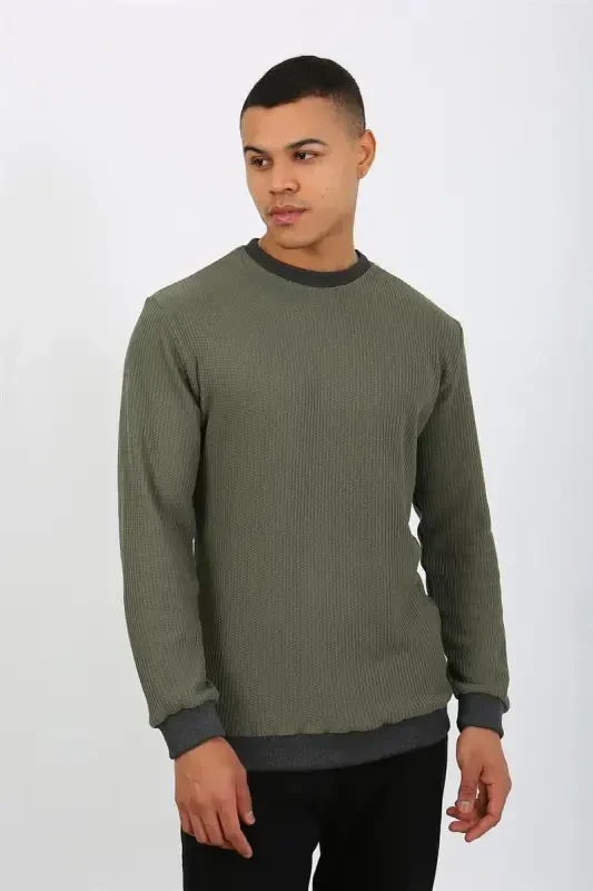 Akbeniz Men's Long Sleeve Cuffed Hem Jersey Pajama Set 6870 Khaki - 3