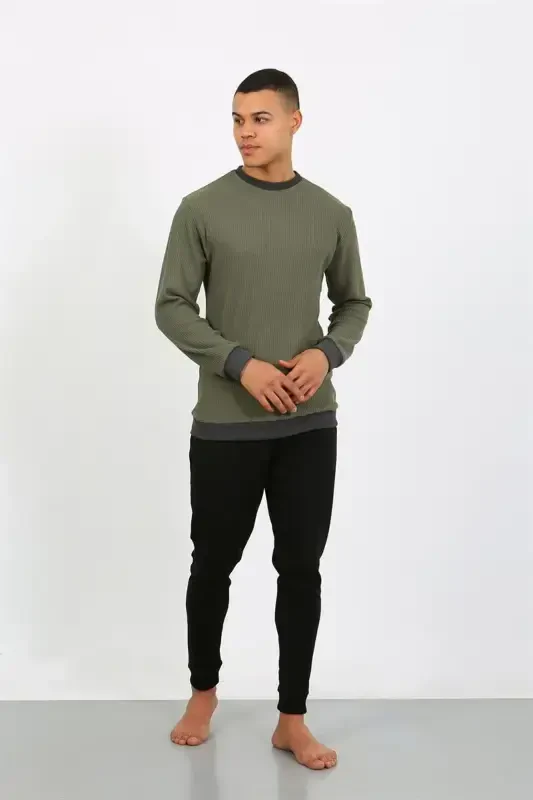 Akbeniz Men's Long Sleeve Cuffed Hem Jersey Pajama Set 6870 Khaki - 5