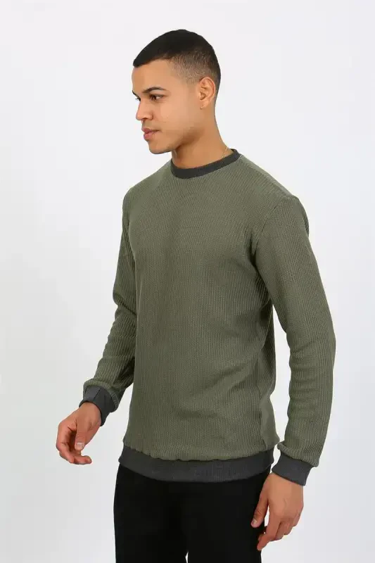 Akbeniz Men's Long Sleeve Cuffed Hem Jersey Pajama Set 6870 Khaki - 6