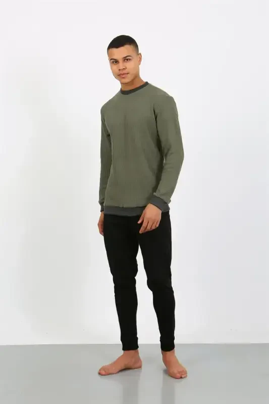 Akbeniz Men's Long Sleeve Cuffed Hem Jersey Pajama Set 6870 Khaki - 7