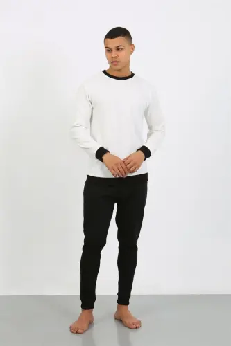 Akbeniz Men's Long Sleeve Cuffed Hem Knit Pajama Set 6870 White - 1