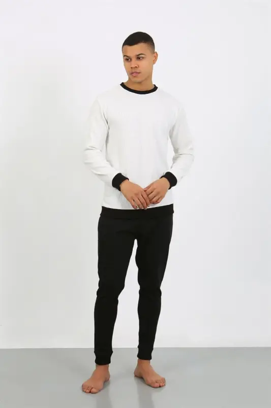 Akbeniz Men's Long Sleeve Cuffed Hem Knit Pajama Set 6870 White - 1