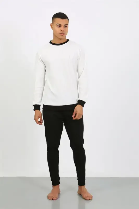 Akbeniz Men's Long Sleeve Cuffed Hem Knit Pajama Set 6870 White - 3