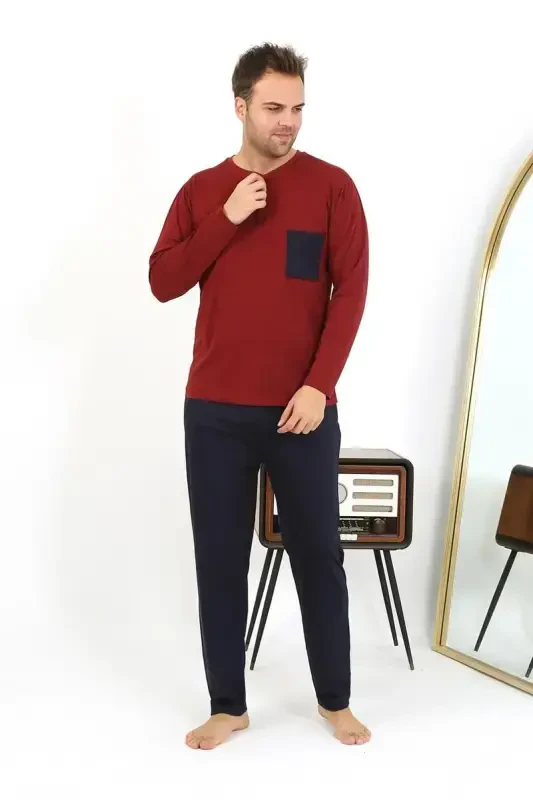 Akbeniz Men's Long Sleeve Knitted Burgundy Pajamas Set 6861 - 2