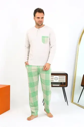 Akbeniz Men's Long Sleeve Knitted Cream Pajamas Set 6861 