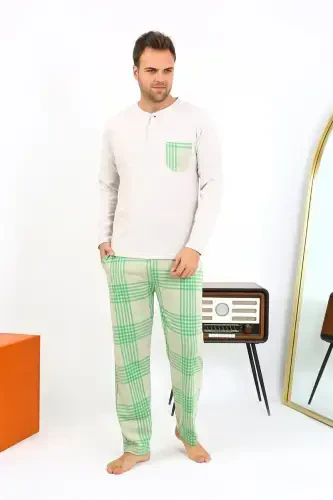 Akbeniz Men's Long Sleeve Knitted Cream Pajamas Set 6861 