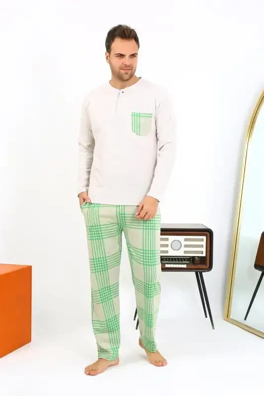 Akbeniz Men's Long Sleeve Knitted Cream Pajamas Set 6861 - AKBENIZ