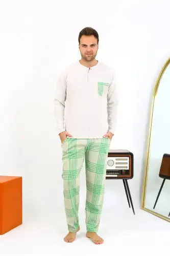 Akbeniz Men's Long Sleeve Knitted Cream Pajamas Set 6861 - 5