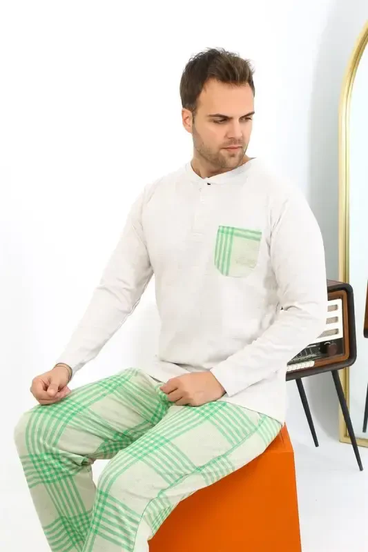 Akbeniz Men's Long Sleeve Knitted Cream Pajamas Set 6861 - 6