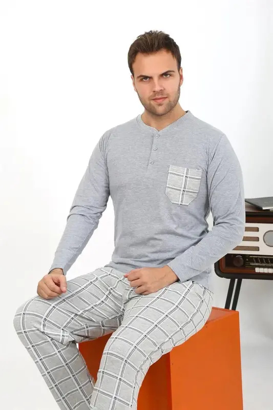Akbeniz Men's Long Sleeve Knitted Grey Pajama Set 6861 - 2