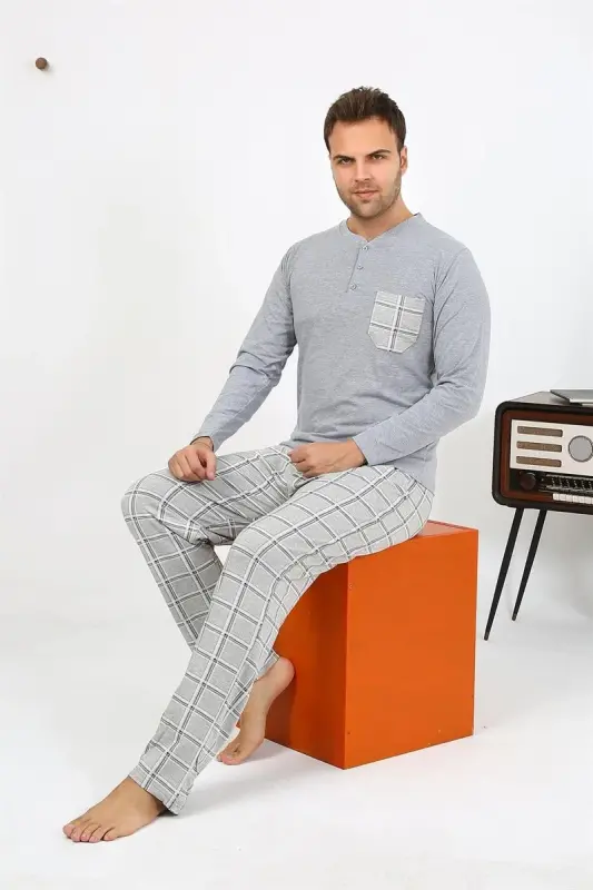 Akbeniz Men's Long Sleeve Knitted Grey Pajama Set 6861 - 7