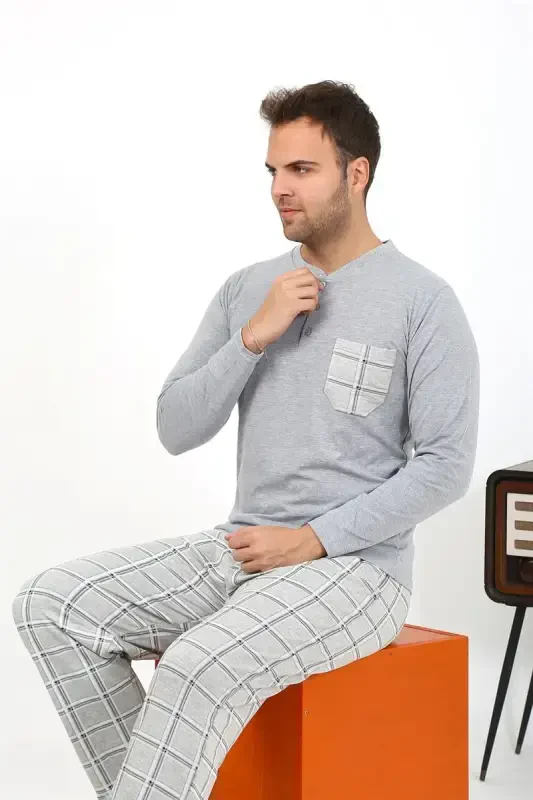 Akbeniz Men's Long Sleeve Knitted Grey Pajama Set 6861 - 1