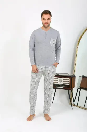 Akbeniz Men's Long Sleeve Knitted Grey Pajama Set 6861 - 3