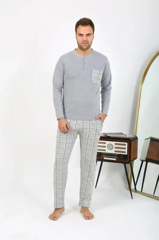 Akbeniz Men's Long Sleeve Knitted Grey Pajama Set 6861 - 3