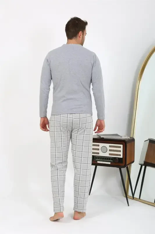 Akbeniz Men's Long Sleeve Knitted Grey Pajama Set 6861 - 6