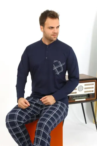 Akbeniz Men's Long Sleeve Knitted Navy Pajamas Set 6861 