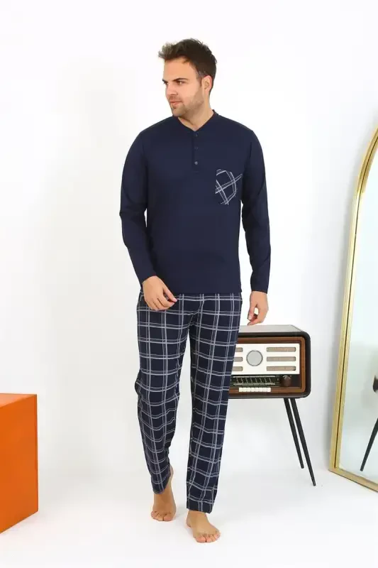 Akbeniz Men's Long Sleeve Knitted Navy Pajamas Set 6861 - 4