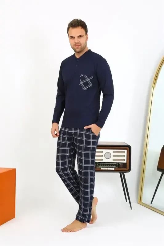 Akbeniz Men's Long Sleeve Knitted Navy Pajamas Set 6861 - 9