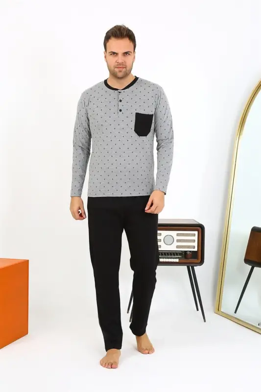 Akbeniz Men's Long Sleeve Knitted Smoked Grey Pajama Set 6861 - 1