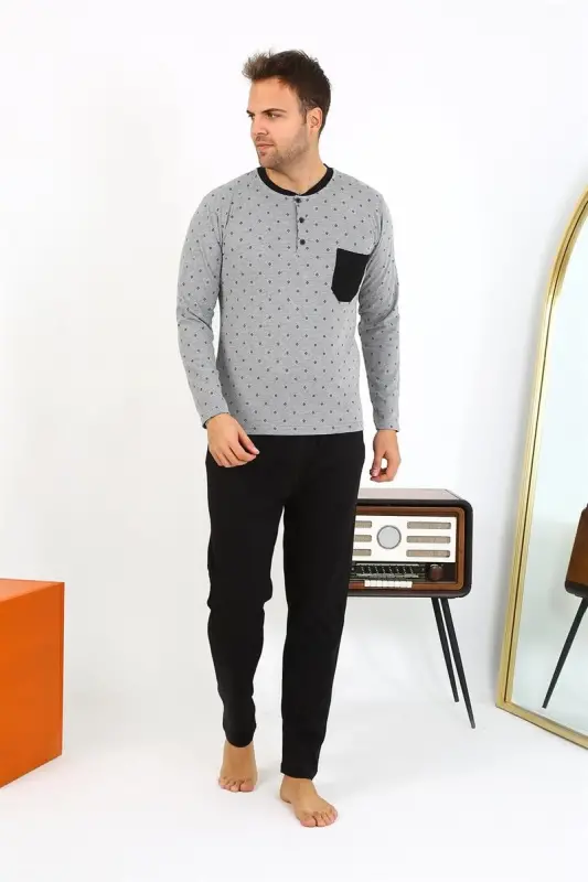 Akbeniz Men's Long Sleeve Knitted Smoked Grey Pajama Set 6861 - 3